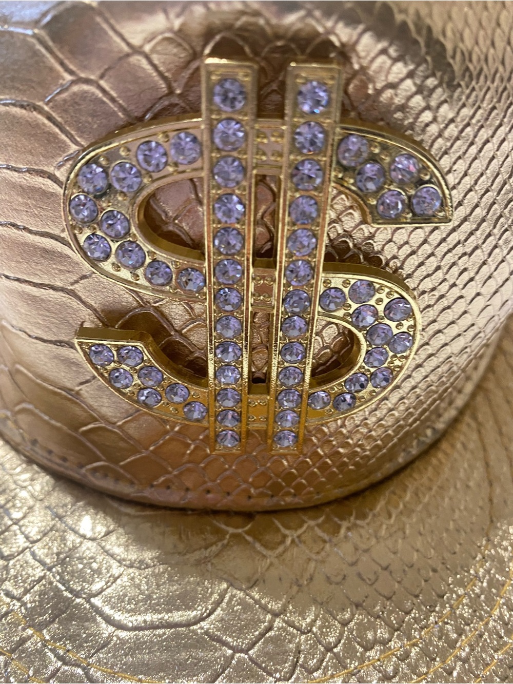 Y2K Gold Faux-Snakeskin Rhinestones Dollar Sign Snapback Hat - Picture 2 of 5